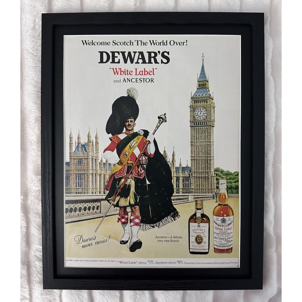 Framed 1967 Dewars White Label & Ancestor Scotch Highlander Whisky Print Ad